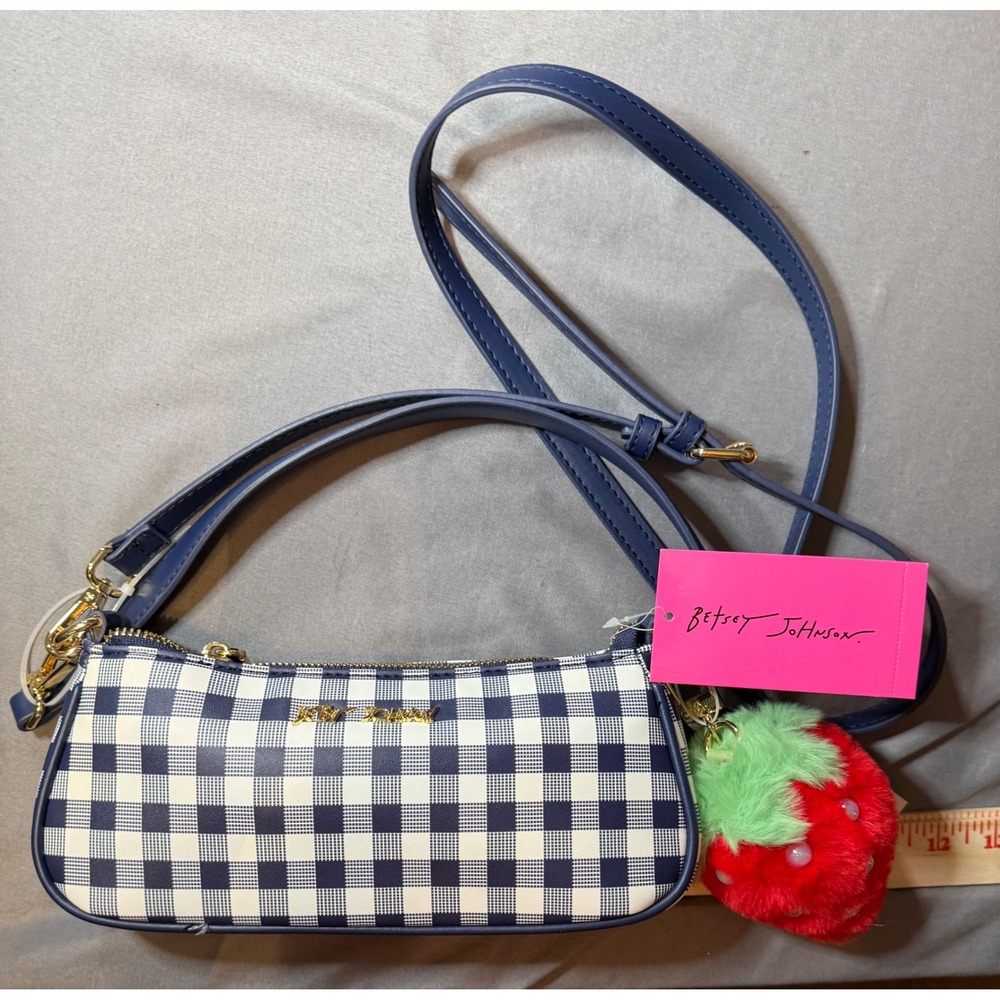 NWT Betsey Johnson XOMINNY Blue Gingham Crossbody Bag w/Strawberry Charm